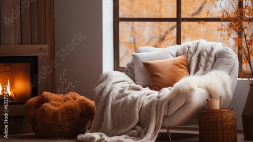 Modern cozy home atmosphere in autumn day. Fireplace, comfortable chair, blanket.