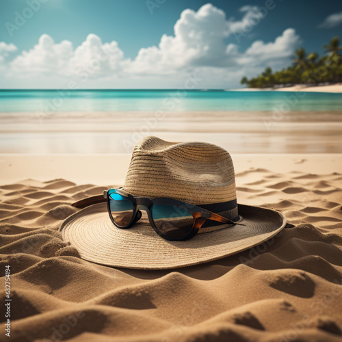 hat and sunglasses on sand beach   summer travel happy holiday Summer Holidays concept  hat and sea on light by the beach   Copy space of summer vacation  Generative AI