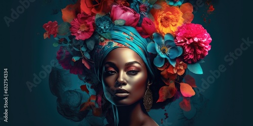 Photographie Black Woman dressed in floral headband with flowers on her head