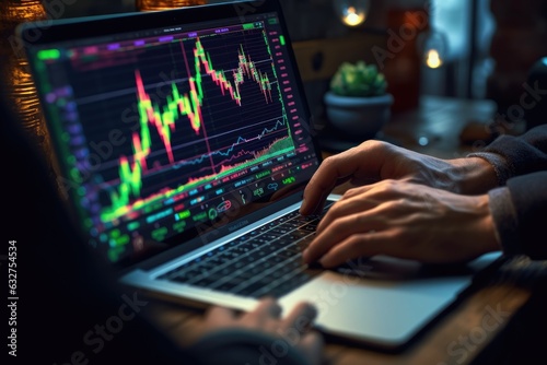 businessman hands using laptop for monitoring stock market. Generative ai
