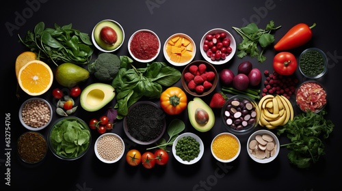 top-down view photograph of a thoughtfully arranged assortment of colorful and nutritious foods  health  wellness  high quality  16 9