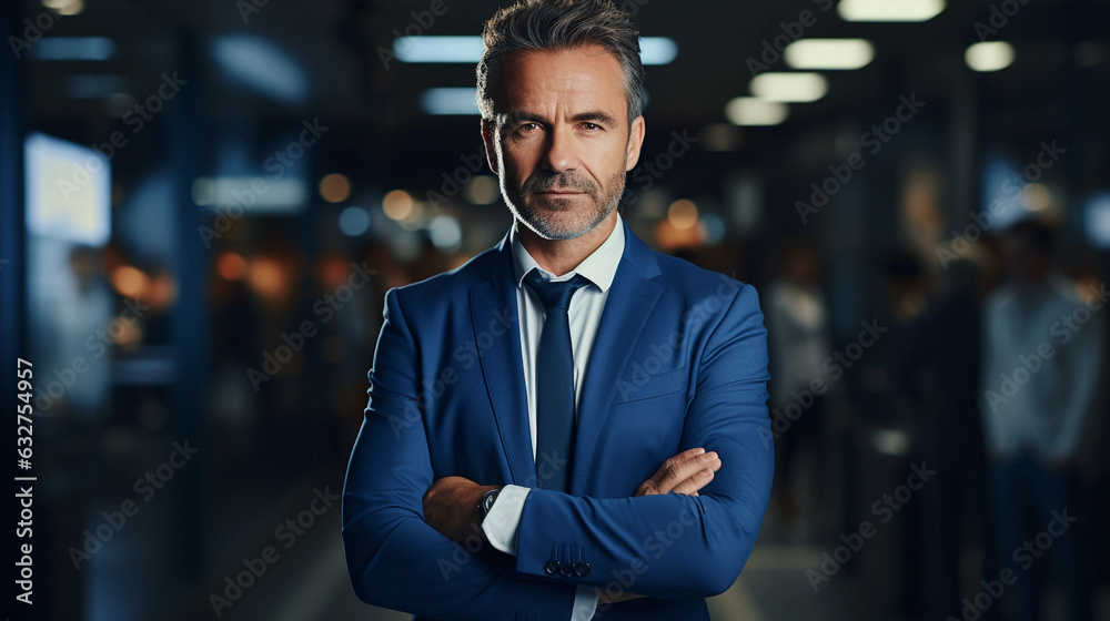 Happy middle aged business man ceo standing in office arms crossed Happy middle aged business man ceo standing in office arms crossed