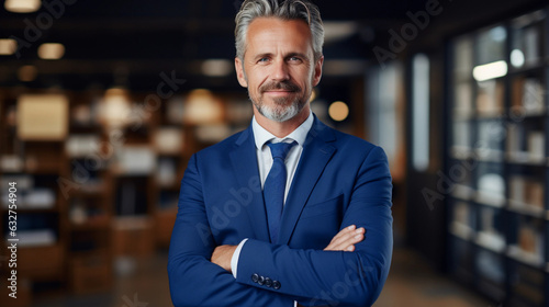 Happy middle aged business man ceo standing in office arms crossed