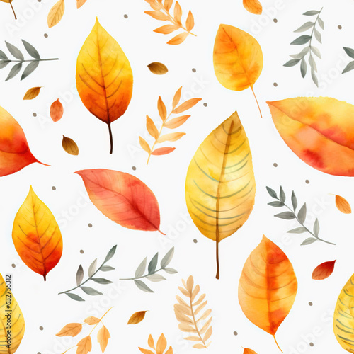 Watercolor Autumn Fall Seamless Pattern. Botanical illustration. October print. Design for tile  backgrounds  fabric  textile  wrapping paper. Autumn leafs. Generative AI
