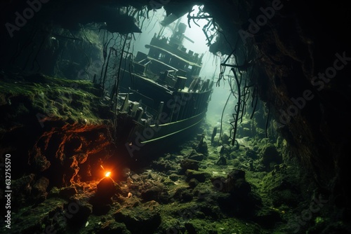 Beautiful Interior Design of a Ship Wreck Underwater on the Floor of the Ocean.