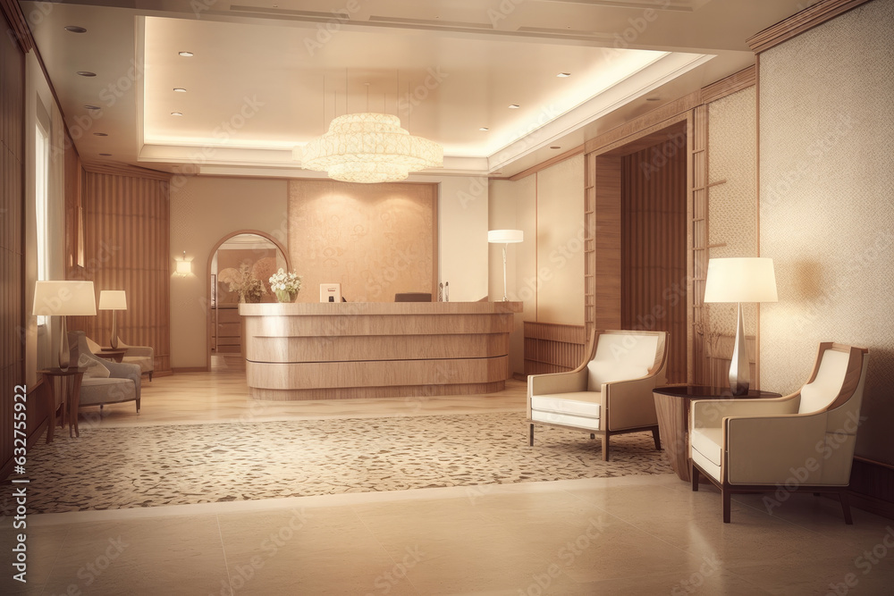 Office lobby with beige wooden reception desk and waiting area. Natural light colors. Workplace, hotel concept Office lobby with beige wooden reception desk and waiting area. Natural light colors. Workplace, hotel concept