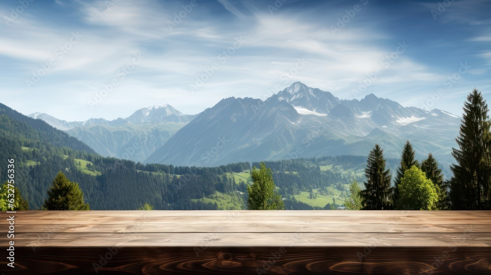 Wooden table top with blurred view of mountain landscape in the background created with Generative AI