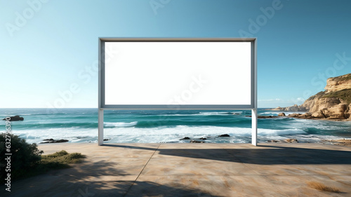 Blank billboard on the beach with sea in the background. 3d rendering