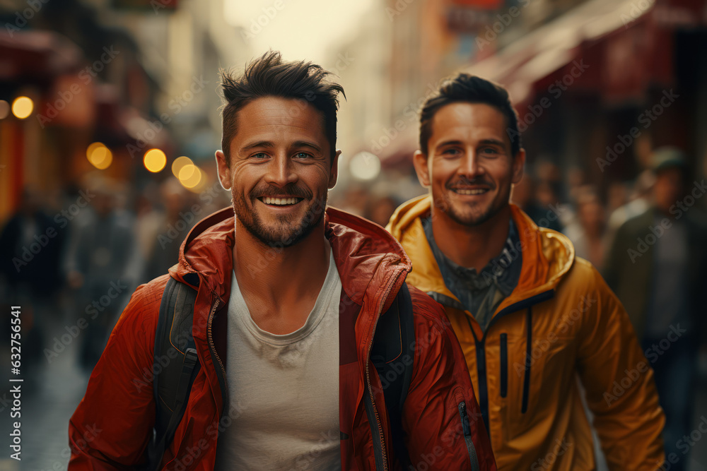 Men walk around the city in the rain, wearing city jackets. Old city sightseeing concept. Generative Ai. Men walk around the city in the rain, wearing city jackets. Old city sightseeing concept. Generative Ai.