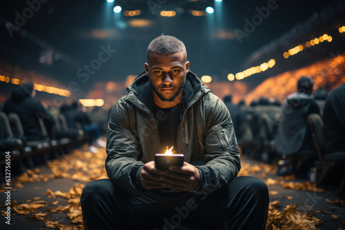 Handsome man holding a phone in his hand against the background of lights, fire. The concept of receiving hot news. Generative Ai.