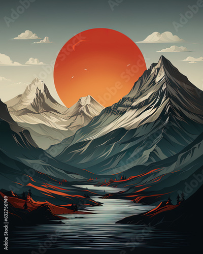 Retro style poster  landscape with sunset  Contemporary art collage. Creative design in retro style. Fascinating sunset on mountains with lake. Amazing nature
