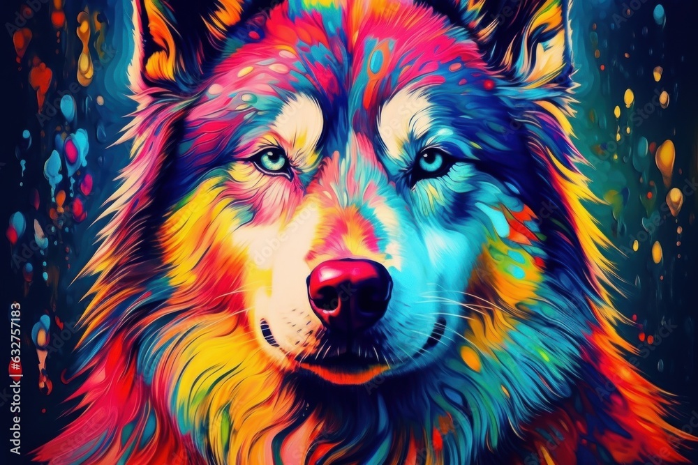 Fototapeta premium Multi coloured illustration art, the head of a husky dog painted with with splashes and splatters of paint