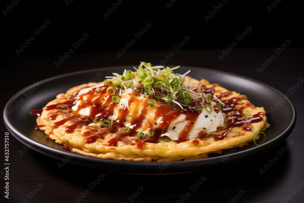 Fototapeta premium Okonomiyaki on black table. Japanese fast food dish, fried flatbread made from mixture of various ingredients, smeared with a special sauce and sprinkled sliced dried tuna. Generative AI.