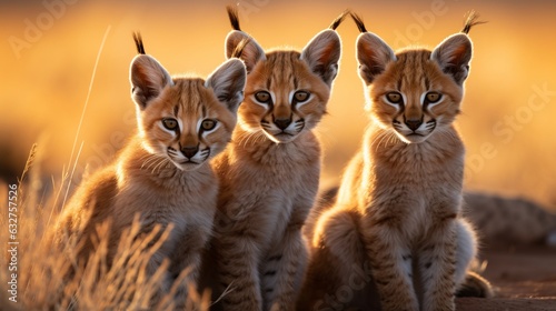 a group of young small teenage caracals wild big cats curiously looking straight into the camera  golden hour photo  ultra wide angle lens.