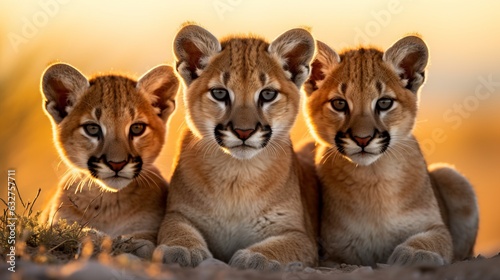 a group of young small teenage pumas wild big cats curiously looking straight into the camera, golden hour photo, ultra wide angle lens.