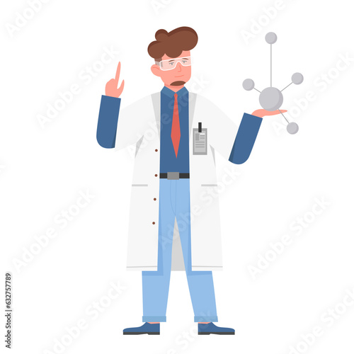 Scientist man holding atom model.