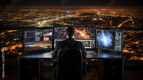 a man in a strict suit rear view looking into the surveillance camera monitors of the night city, created with Generative AI Technology.