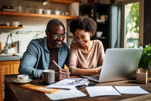 couple looking at a laptop and doing financial planning in a kitchen © Jorge Ferreiro