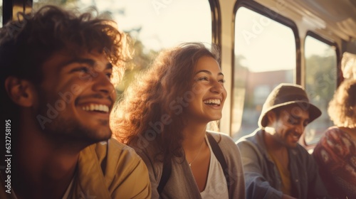 A group of young people-friends of different nationalities are traveling together by bus. Portrait, close-up