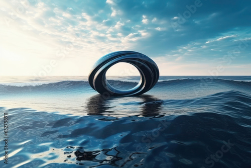 infinity symbol. silver circle on the background of the horizon, water and sky. reflection, light and shadow. modern and stylish.