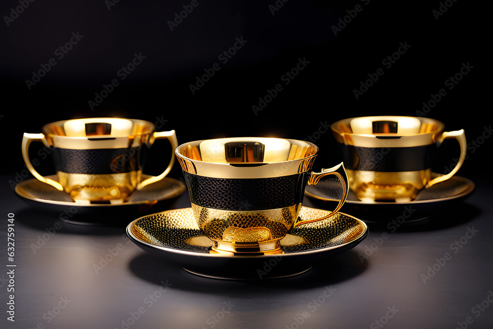 Premium luxury gold black paris teacup set isolated on dark background. Side view Premium luxury gold black paris teacup set isolated on dark background. Side view