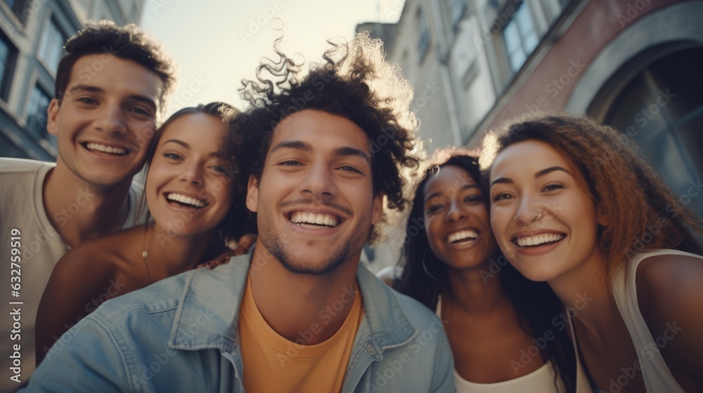Fototapeta premium A group of young people friends of different nationalities taking selfies and smiling. Portrait, close-up. Group photo