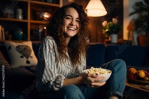 woman in front of television eating popcorn