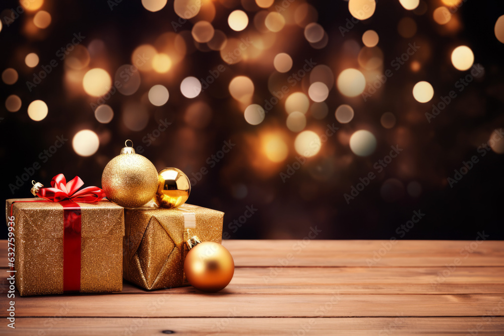 Christmas background with decorations and gift boxes on wooden board, with space for text