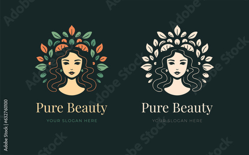 Logo for business in the industry of pure beauty, spa, health, personal hygiene. Beautiful image of floral woman face. Logo of a beauty salon, vegan cafe, health industry, makeup artist