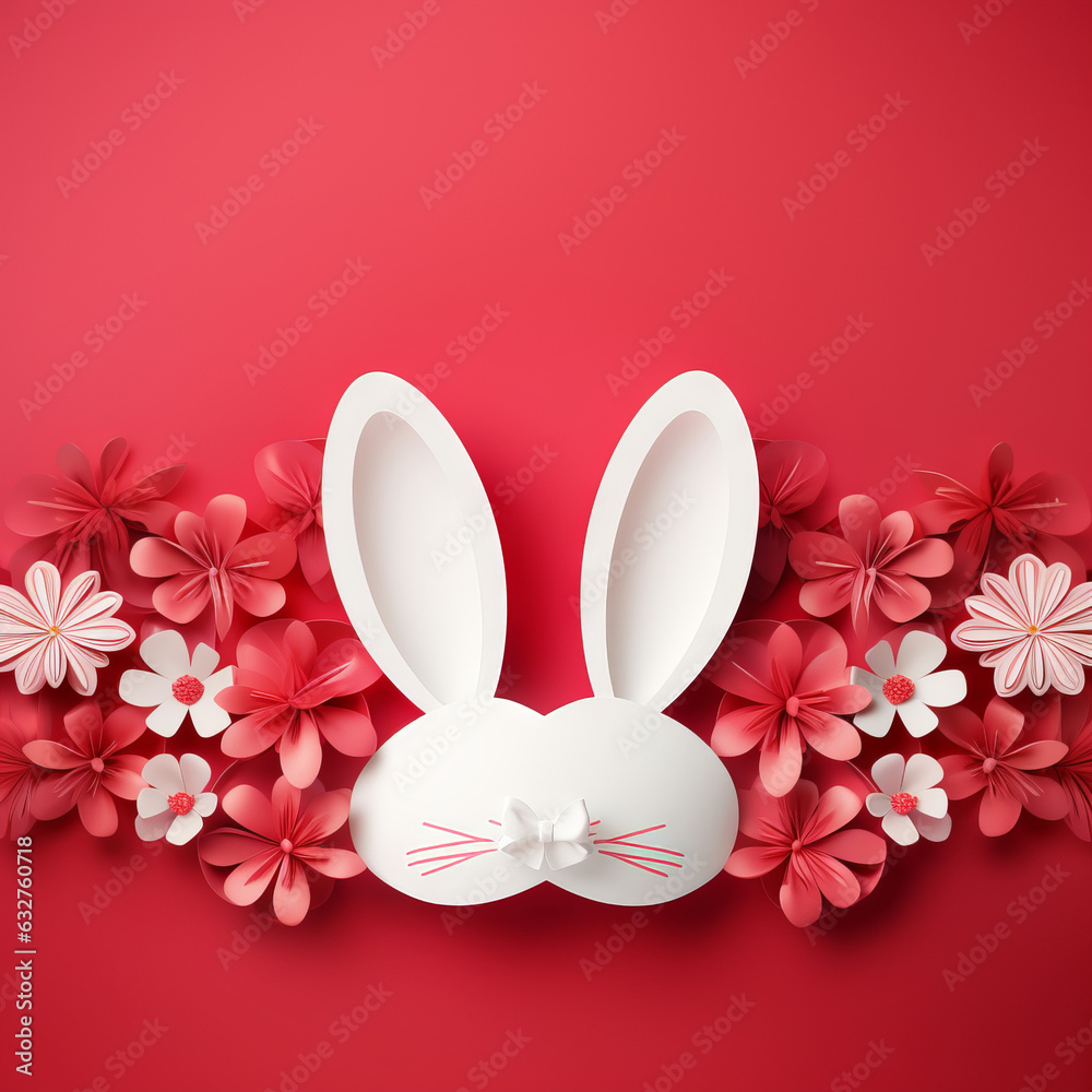 Happy Easter greeting card with white paper cut Easter Bunny Ears isolated on a red