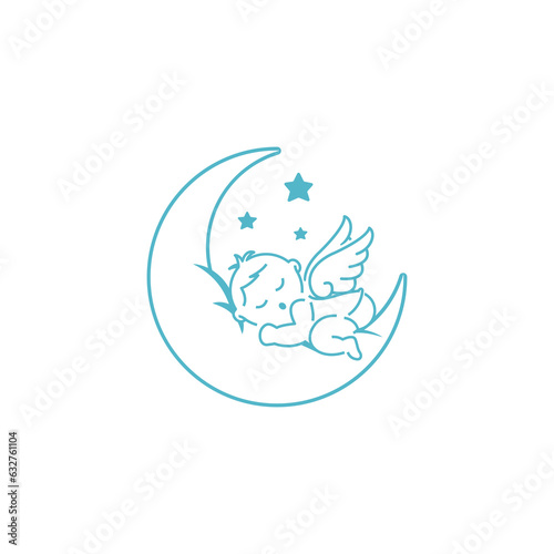 Winged baby sleeping on half moon. Vector illustration.
