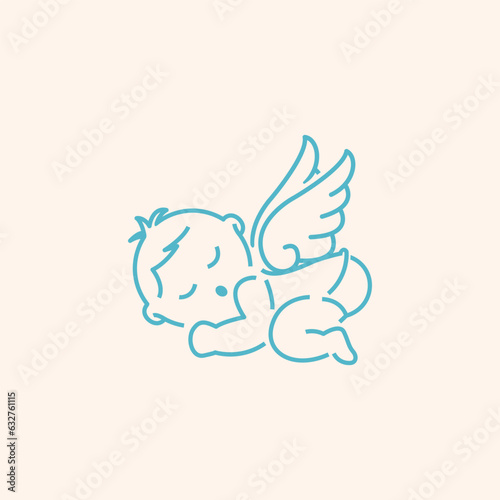 Sleeping winged turquoise baby drawing. Vector.
