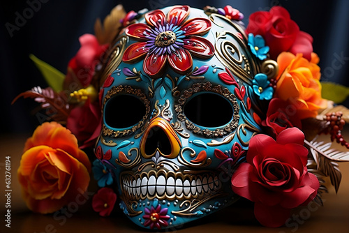 Mask of skull for Mexican Day of Death with flowers.