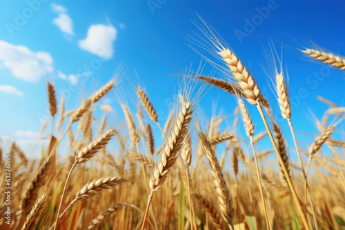 Close up of golden wheat field under blue sky.