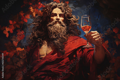 Vibrant Illustration of Dionysus, God of Wine, Embodying Deity's Power and Tools