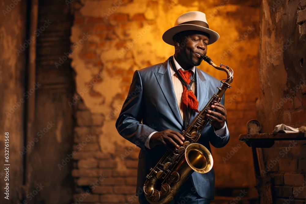 african american jazz musician with saxophone in front of the camera. - obrazy, fototapety, plakaty 