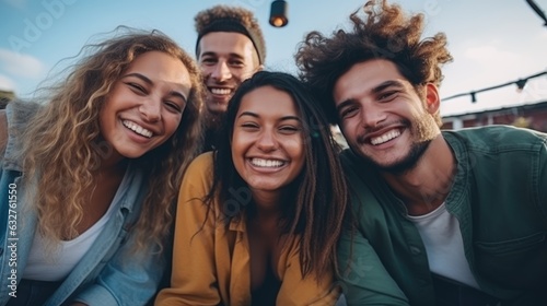 A group of young people friends of different nationalities taking selfies and smiling. Portrait  close-up. Group photo