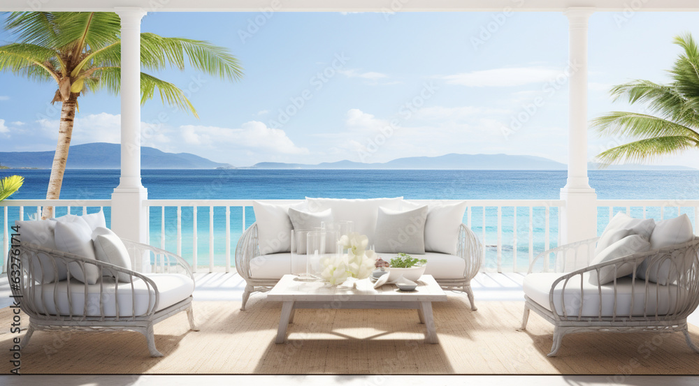 terrace with white loungers on the beach generativa IA