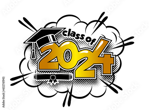 2024 class graduate header. Decorate congratulation for school graduates in comic cartoon style. Vector on transparent background