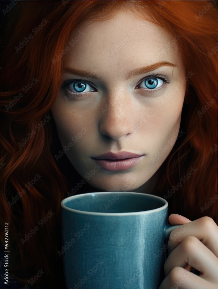 custom made wallpaper toronto digitalportrait of a girl with red hair and blue eyes holding a mug of tea
