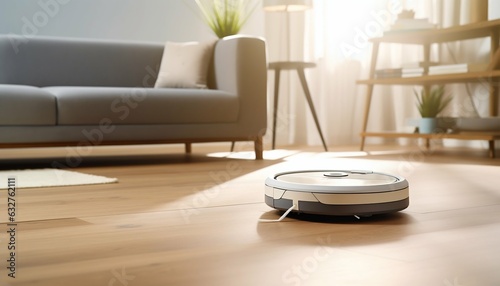 Smart Cleaning Robot Vacuum Cleaner on Laminate in the Living Room. Generative ai