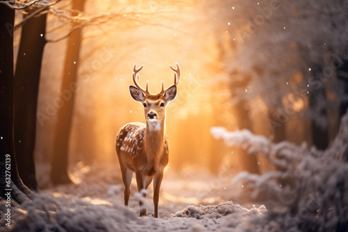 Deer with large antlers and white spots standing in a snowy forest, with trees, snow on branches, and a warm glow from the sun. © Arma Design