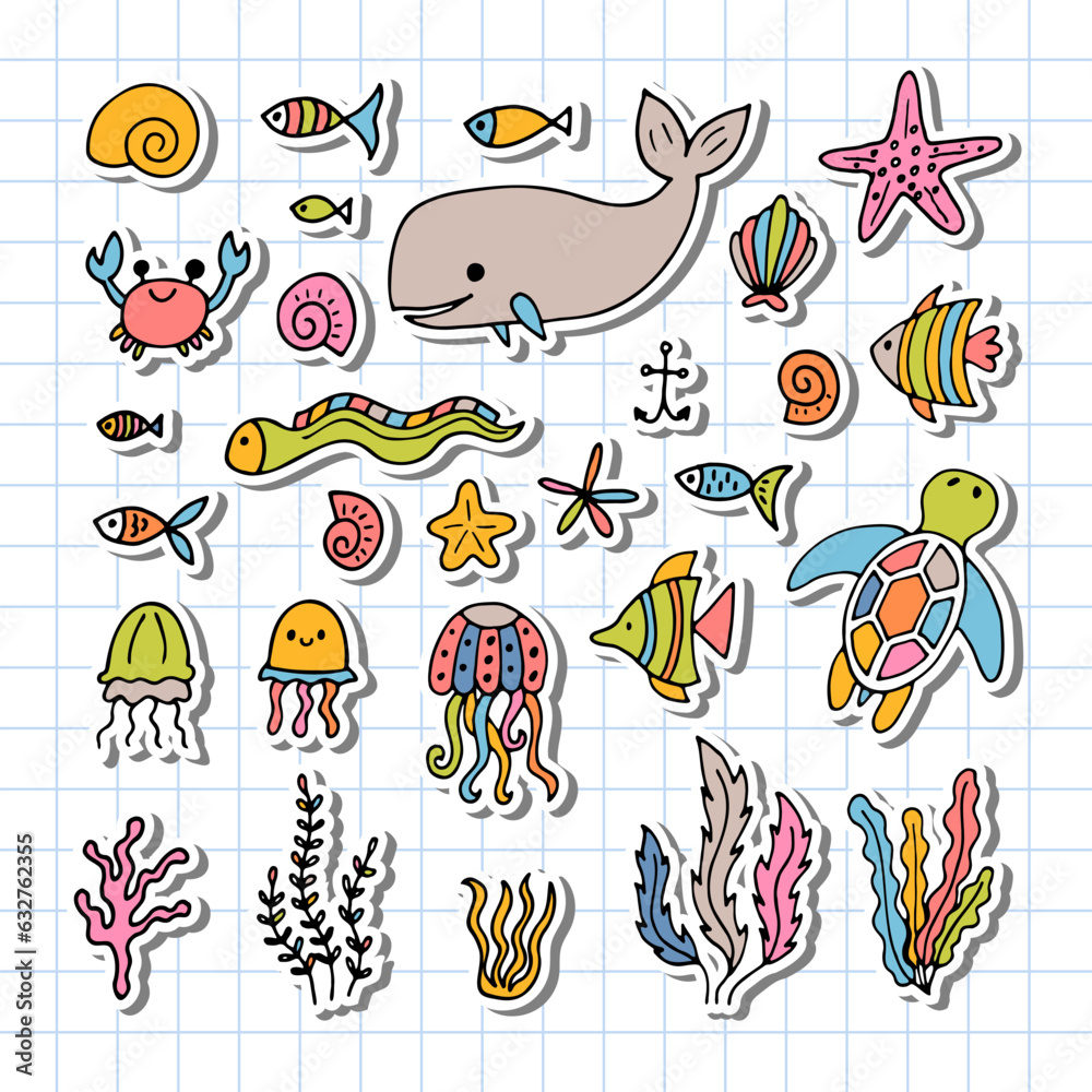 Set of sea animals in hand drawn style. Ocean life. Underwater, under the sea, marine. Stickers Set of sea animals in hand drawn style. Ocean life. Underwater, under the sea, marine. Stickers