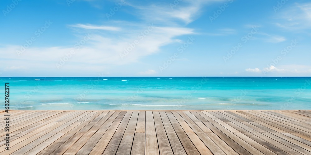Fototapeta premium Empty Wooden Deck Flooring with Blue Summer Sky, Clouds, and Turquoise Ocean Sea. Generative ai