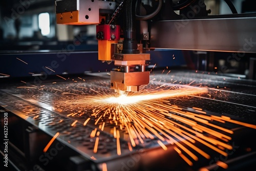 Fiber Laser Cutting Machine Cutting Sheet Metal Plate with Sparks. Generative ai