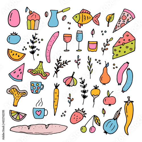 Hand drawn set of different food and drinks. Doodle style. Healthy food ingredients