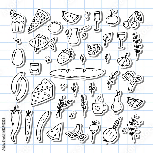 Hand drawn set of different food and drinks. Doodle style. Healthy food ingredients. Stickers