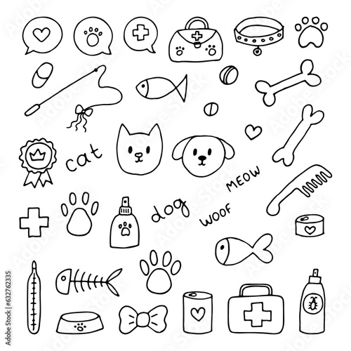 Hand drawn vet icons. Pet shop or store concept. Caring for animals dogs, cats. Pets stuff and supply set