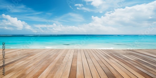 Empty Wooden Deck Flooring with Blue Summer Sky, Clouds, and Turquoise Ocean Sea. Generative ai © Scrudje