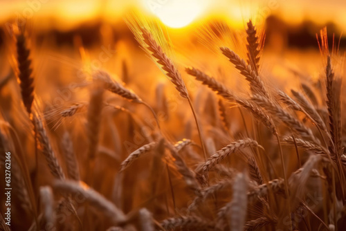Close up of golden wheat field during sunset